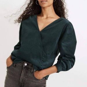 Madewell Green Corduroy V Neck Button Blouse